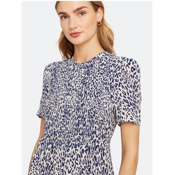 BAUM UND PFERDGARTEN Silk Short Sleeve Leopard Print Smocked Front Midi Dress 14 - Picture 5 of 16